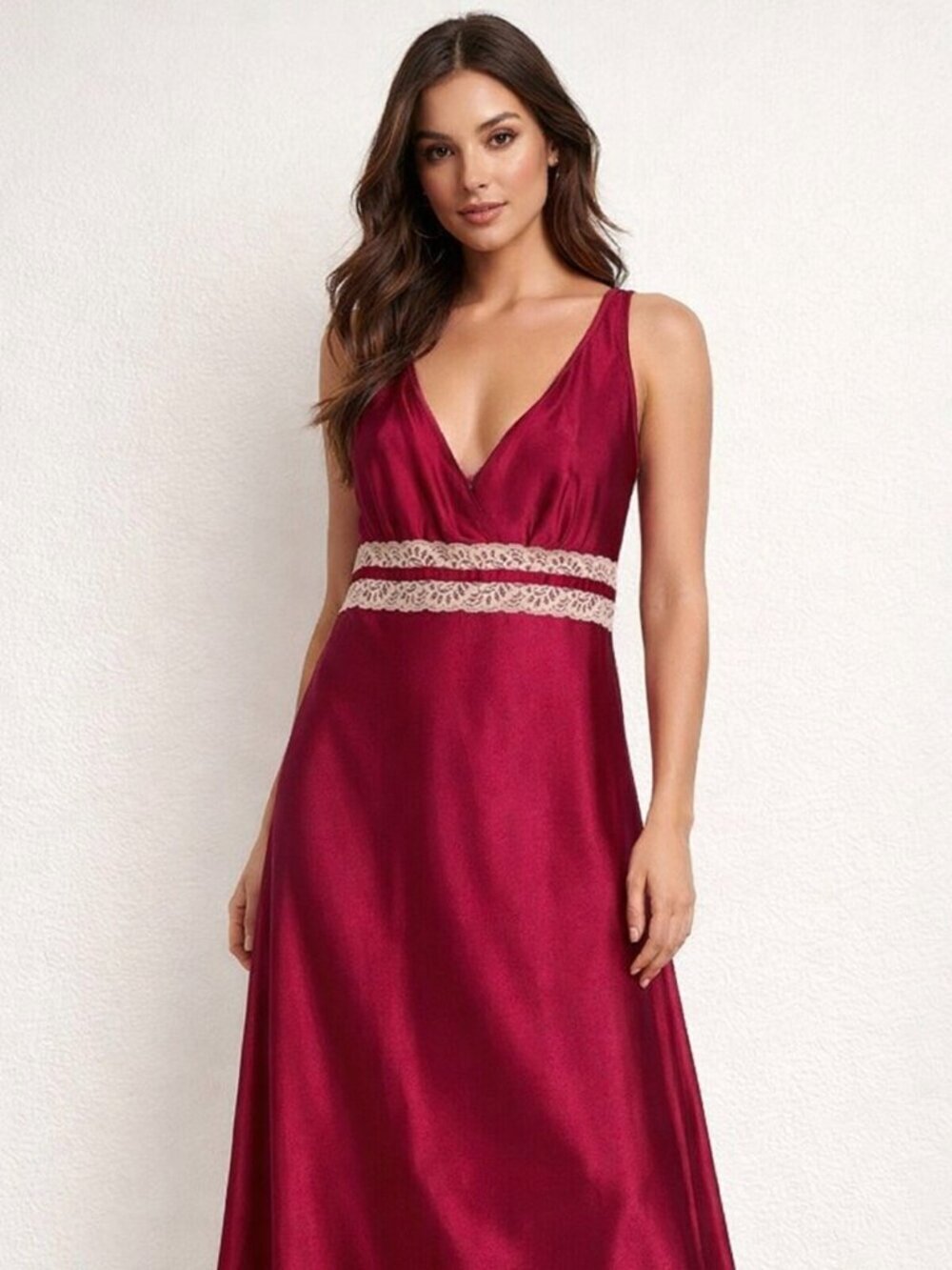 Vintage Red Satin Nightgown Slip Dress Lace Trim Medium - Picture 1 of 9